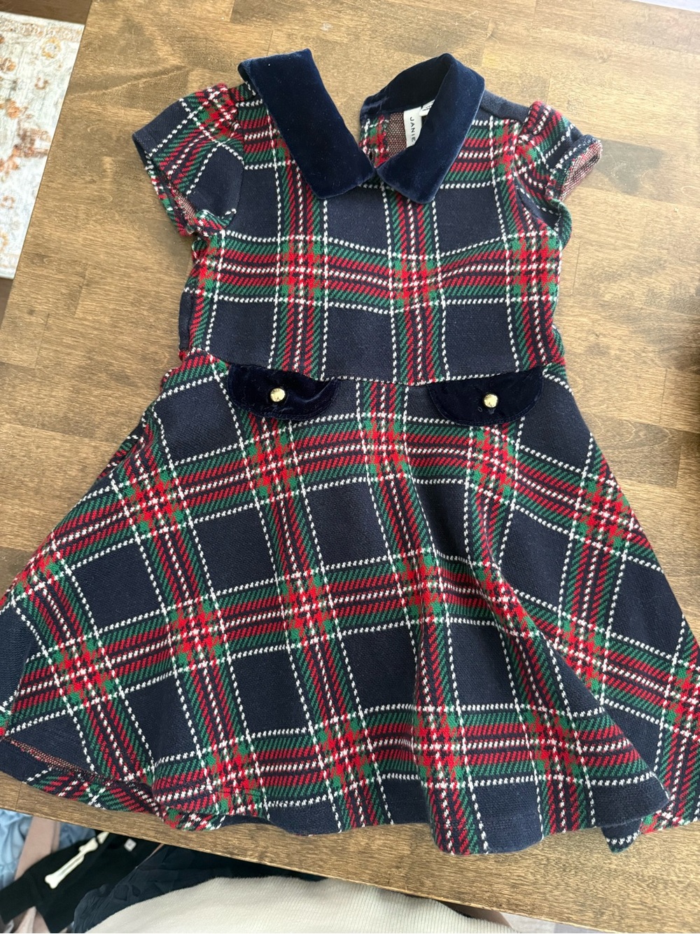Janie and Jack Navy, Red & Green Plaid Velvet-Trim Dress